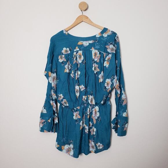 Free People Tuscan Dreams Teal Floral Tunic Mini Dress Bell Sleeve Boho S - Picture 10 of 12